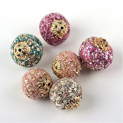 Handmade Indonesia Beads, Round, with Gemstone and Alloy Findings, Golden, 19~20.5x17.5~20mm, Hole: 1.8mm