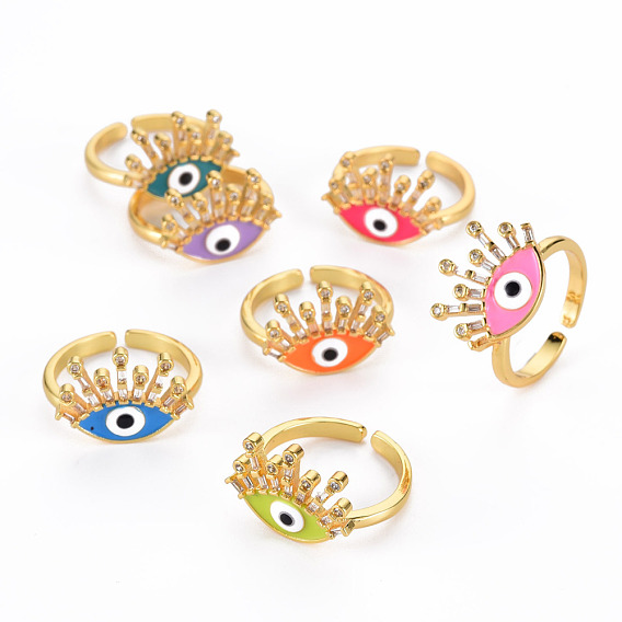 Brass Micro Pave Cubic Zirconia Cuff Rings, Open Rings, with Enamel, Evil Eye, Cadmium Free & Nickel Free & Lead Free, Golden