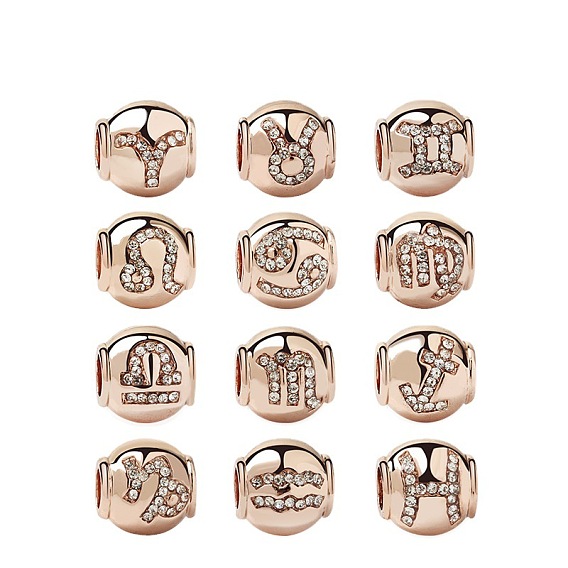 Rose Gold Plated Alloy European Beads, with Crystal Rhinestone, Large Hole Beads, Rondelle with Twelve Constellations