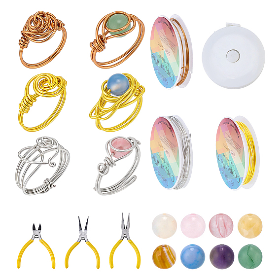DIY Rings Making Kits, Including Carbon Steel Pliers, PVC Soft Tape Measure, Copper Jewelry Wire, Gemstone Beads