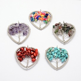 Tree of Life Gemstone Bead Brass Wire Wrapped Heart Big Pendants, Cadmium Free & Nickel Free & Lead Free, Platinum