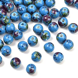 Perles de porcelaine à la main imprimés, ronde, 10mm, Trou: 2mm