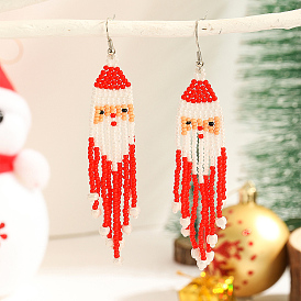 Christmas Style Santa Glass Bead Handmade Dangle Earrings for Women Gift, Platinum