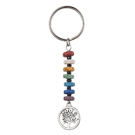 Tree of Life Tibetan Style Alloy Pendant Keychain, with 7 Chakra Natural Lava Rock and Iron Split Key Rings