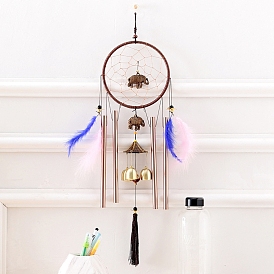 Woven Net/Web with Feather & Tube Wall Hanging Decoration, with Metal Elephant and Bell, for Home Decoration