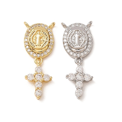 Latón micro pavimenta claro colgantes de circonio cúbico, óvalo con medalla de San Benito y dije de cruz