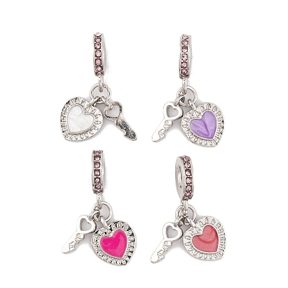Покрытие стойки, сплав, светло-розовый горный хрусталь, европейские подвески с подвесками, Подвески «ключ и сердце» с большими отверстиями и эмалью, платина