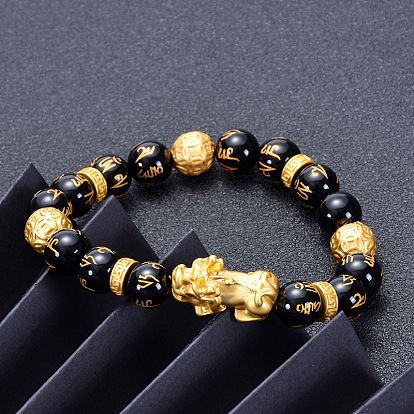 Natural Agate Stone Bracelet with 3D Gold Pixiu for Men and Women