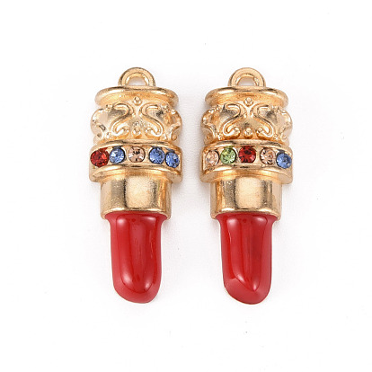 Alloy Enamel Rhinestone Pendants, Cadmium Free & Lead Free, Light Gold, Lipstick