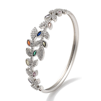 Leaf Brass Micro Pave Clear Cubic Zirconia Hinged Bangles, Colorful Glass Bangles for Women