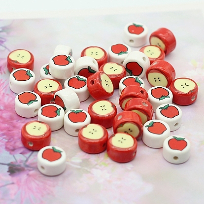 Christmas Themed Porcelain Beads, Flat Round with Apple