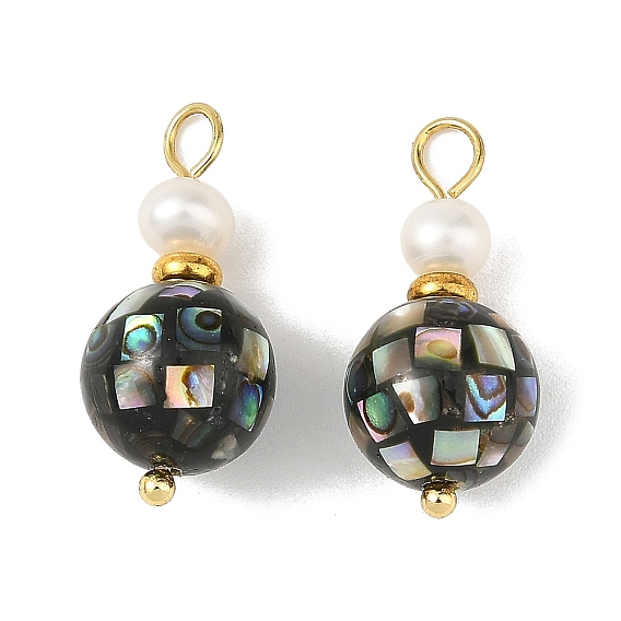 Natural Abalone Shell & Cultured Freshwater Pearl Pendants, Disco Ball Charm, with 304 Stainless Steel Pins