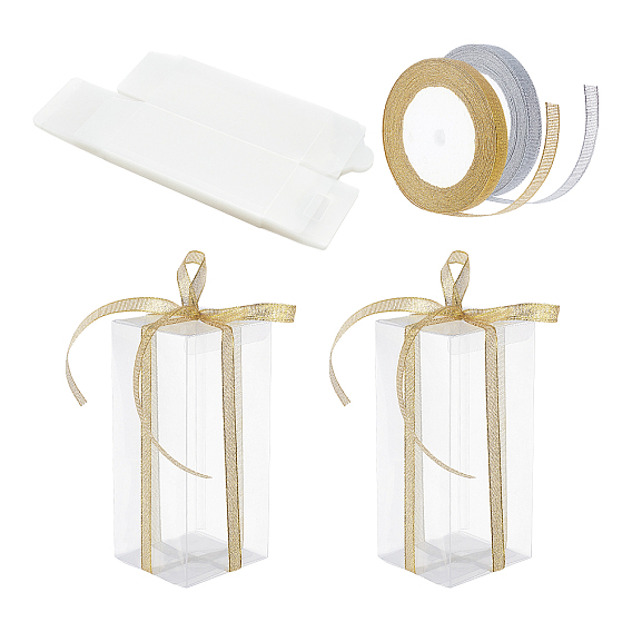 Foldable Transparent PVC Boxes, with Glitter Metallic Ribbon