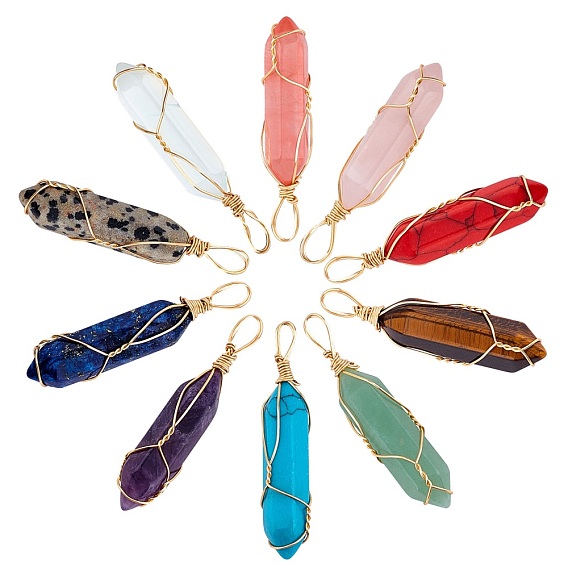 10шт. 10 цвета драгоценных камней с обернутыми стальной проволокой заостренными подвесками, пуля, шестиугольная призма, золотой свет