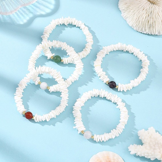 Natural Sea Shell Square Heishi Beads and Round Gemstone Beaded Stretch Bracelets, Golden