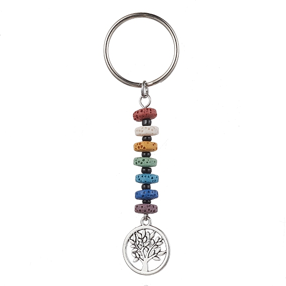 Tree of Life Tibetan Style Alloy Pendant Keychain, with 7 Chakra Natural Lava Rock and Iron Split Key Rings