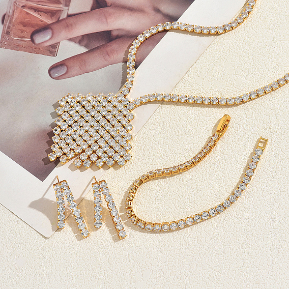 Браслеты, серьги и ожерелья из латуни с ромбовидной микропаве и прозрачными кубическими циркониями для женщин.