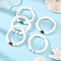 Natural Sea Shell Square Heishi Beads and Round Gemstone Beaded Stretch Bracelets, Golden