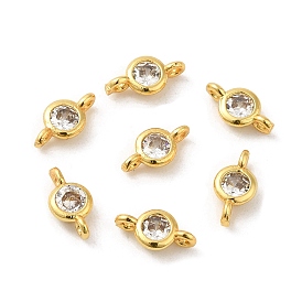 Rack Plating Brass Pave Clear Cubic Zirconia Connector Charms, Lead Free & Cadmium Free, Flat Round Links