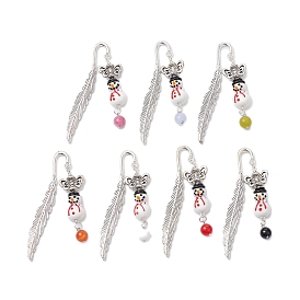 7Pcs 7 Colors Christmas Snowman Lampwork & Butterfly Alloy Pendant Bookmarks, Natural Gemstone Beaded with Alloy Hook Bookmark