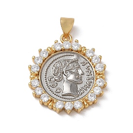 Messing micro pave klare zirkonia anhänger, flache runde Anhänger mit römischen Münzen, langlebig überzogen, Gestell, Bleifrei und cadmium frei