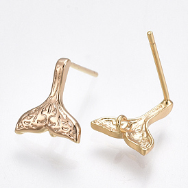 Brass Stud Earring Findings, with Loop, Mermaid Fishtail, Nickel Free