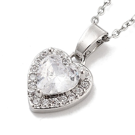 201 Stainless Steel Cable Chain Necklaces, Brass Clear Cubic Zirconia Heart Pendant Necklaces