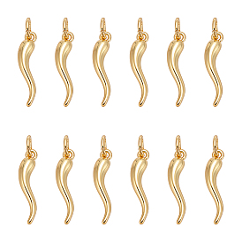 12Pcs Rack Plating Brass Pendants, with Jump Ring, Long-Lasting Plated, Cadmium Free & Lead Free, Horn of Plenty/Italian Horn Cornicello Charm