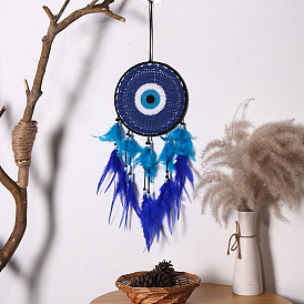 Iron & Woven Web/Net with Feather Pendant Decorations, Evil Eye Style for Home Room Hanging Decoration