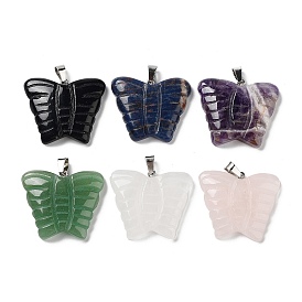 Gemstone Carved Pendants, Butterfly Charms with Platinum Plated Brass Snap on Bails