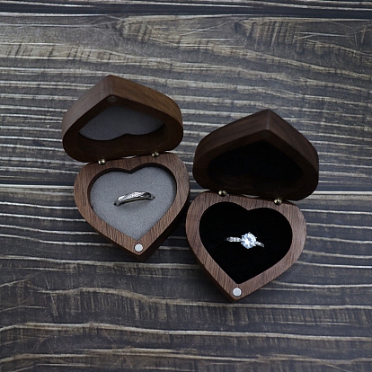Heart Wooden Ring Boxes, Magnetic Wood Ring Storage Case with Velvet Inside, for Wedding, Valentine's Day