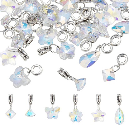 30Pcs 6 Style AB Color Plated Facted Glass Pendants, with Alloy Findings, Butterfly & Flower & Star & Teardrop & Rhombus & Fan Charms