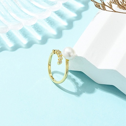Brass Micro Pave Cubic Zirconia Cuff Open Rings, Round, with Natural Cultured Freshwater Pearl