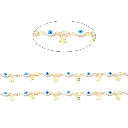 Enamel Horse Eye Link Chains, with Glass Pearl Beaded & Brass Star Charms, Real 18K Gold Plated. Soldered, Long-Lasting Plated, with Spools