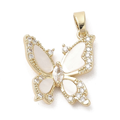 Brass Micro Pave Clear Cubic Zirconia Pendants, with Acrylic, Long-Lasting Plated, Butterfly
