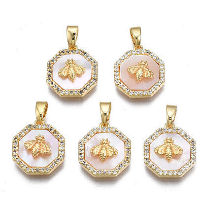 Brass Micro Pave Clear Cubic Zirconia Charms, with Shell, Cadmium Free & Nickel Free & Lead Free, Polygon with Bee
