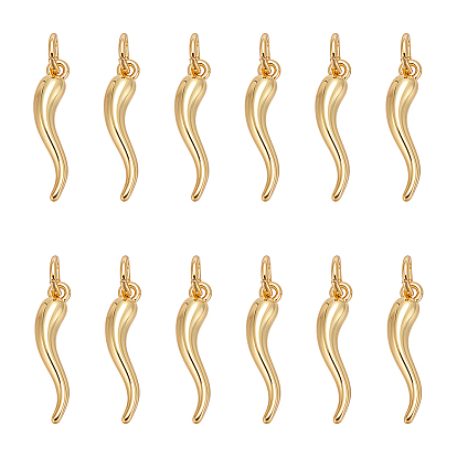 12Pcs Rack Plating Brass Pendants, with Jump Ring, Long-Lasting Plated, Cadmium Free & Lead Free, Horn of Plenty/Italian Horn Cornicello Charm
