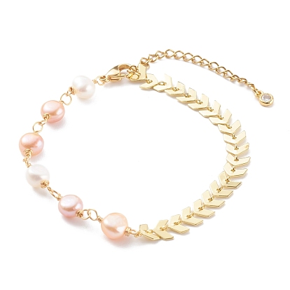 Link Chain Bracelets, with Natural Pearl Beads and Brass Cobs Chains, Seashell Color