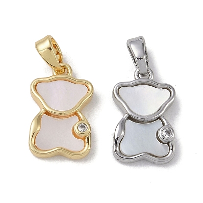 Brass & Shell & Clear Cubic Zirconia Pendants, Cadmium Free & Nickel Free & Lead Free, Bear Charms