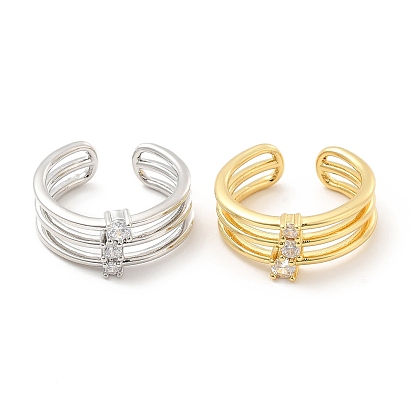 Clear Cubic Zirconia Triple Line Open Cuff Ring, Rack Plating Brass Jewelry for Women, Cadmium Free & Lead Free