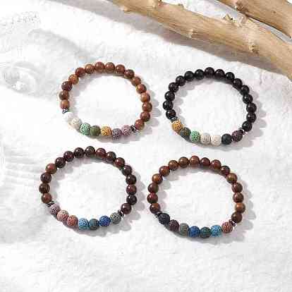 4шт., круглые бусины из натуральной окрашенной лавы и дерева, эластичные браслеты, с немагнитных синтетическими гематита бисера