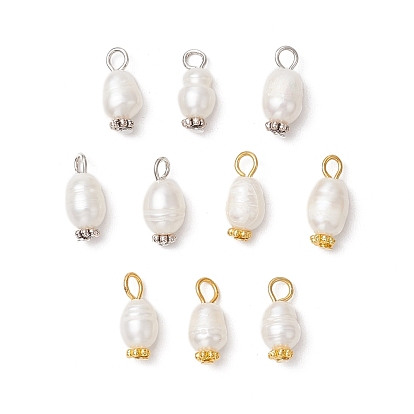 10шт 2 цвета натуральный культивированный пресноводный жемчуг рисовые подвески, с железными петлями и ромашками-разделителями из сплава, цветочный белый