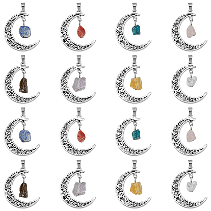 16шт 8 стили натуральные смешанные драгоценные камни самородки подвески, старинные посеребренные подвески в форме полумесяца из сплава