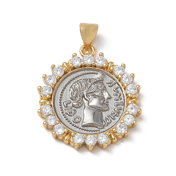 Brass Micro Pave Clear Cubic Zirconia Pendants, Flat Round with Roman Coin Charms, Long-Lasting Plated, Rack Plating, Lead Free & Cadmium Free