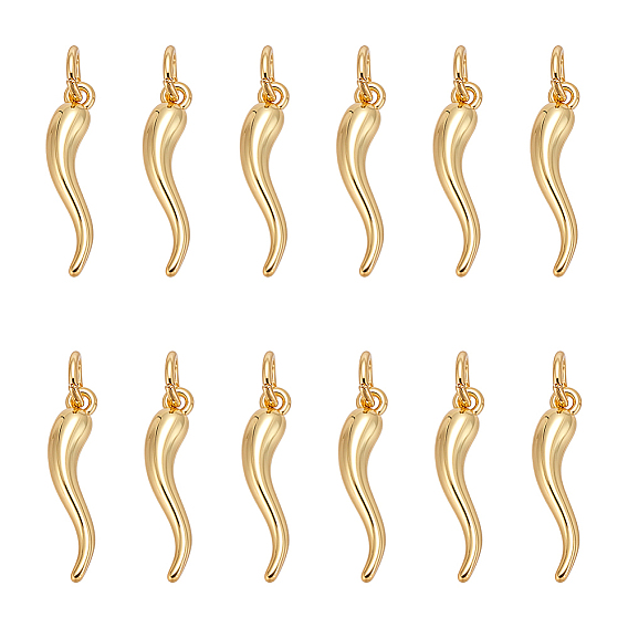 12Pcs Rack Plating Brass Pendants, with Jump Ring, Long-Lasting Plated, Cadmium Free & Lead Free, Horn of Plenty/Italian Horn Cornicello Charm