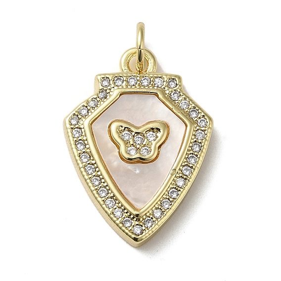 Brass Micro Pave Cubic Zirconia Pendants, Cadmium Free & Lead Free, with Shell, Butterfly