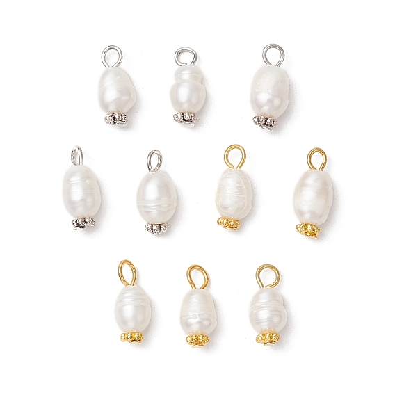 10шт 2 цвета натуральный культивированный пресноводный жемчуг рисовые подвески, с железными петлями и ромашками-разделителями из сплава, цветочный белый