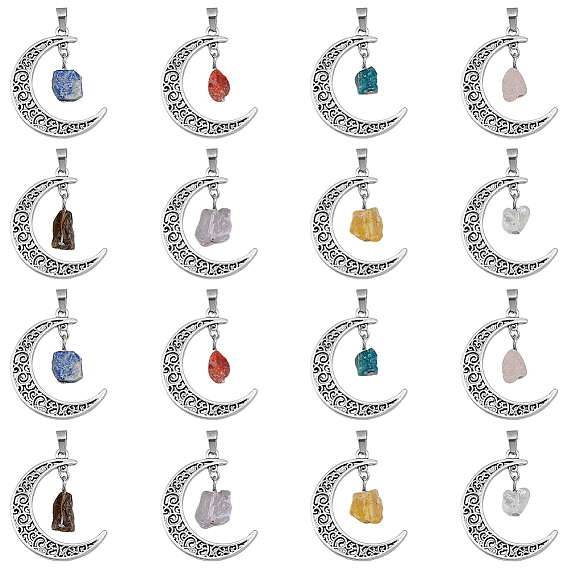 16шт 8 стили натуральные смешанные драгоценные камни самородки подвески, старинные посеребренные подвески в форме полумесяца из сплава