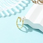 Brass Micro Pave Cubic Zirconia Cuff Open Rings, Round, with Natural Cultured Freshwater Pearl