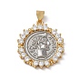 Brass Micro Pave Clear Cubic Zirconia Pendants, Flat Round with Roman Coin Charms, Long-Lasting Plated, Rack Plating, Lead Free & Cadmium Free